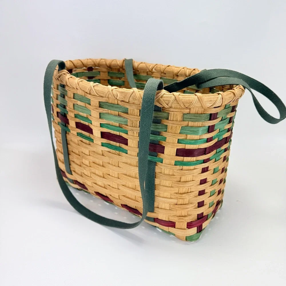 Vintage Woven Wicker Basket with Cloth Handles Tan Green Burgundy